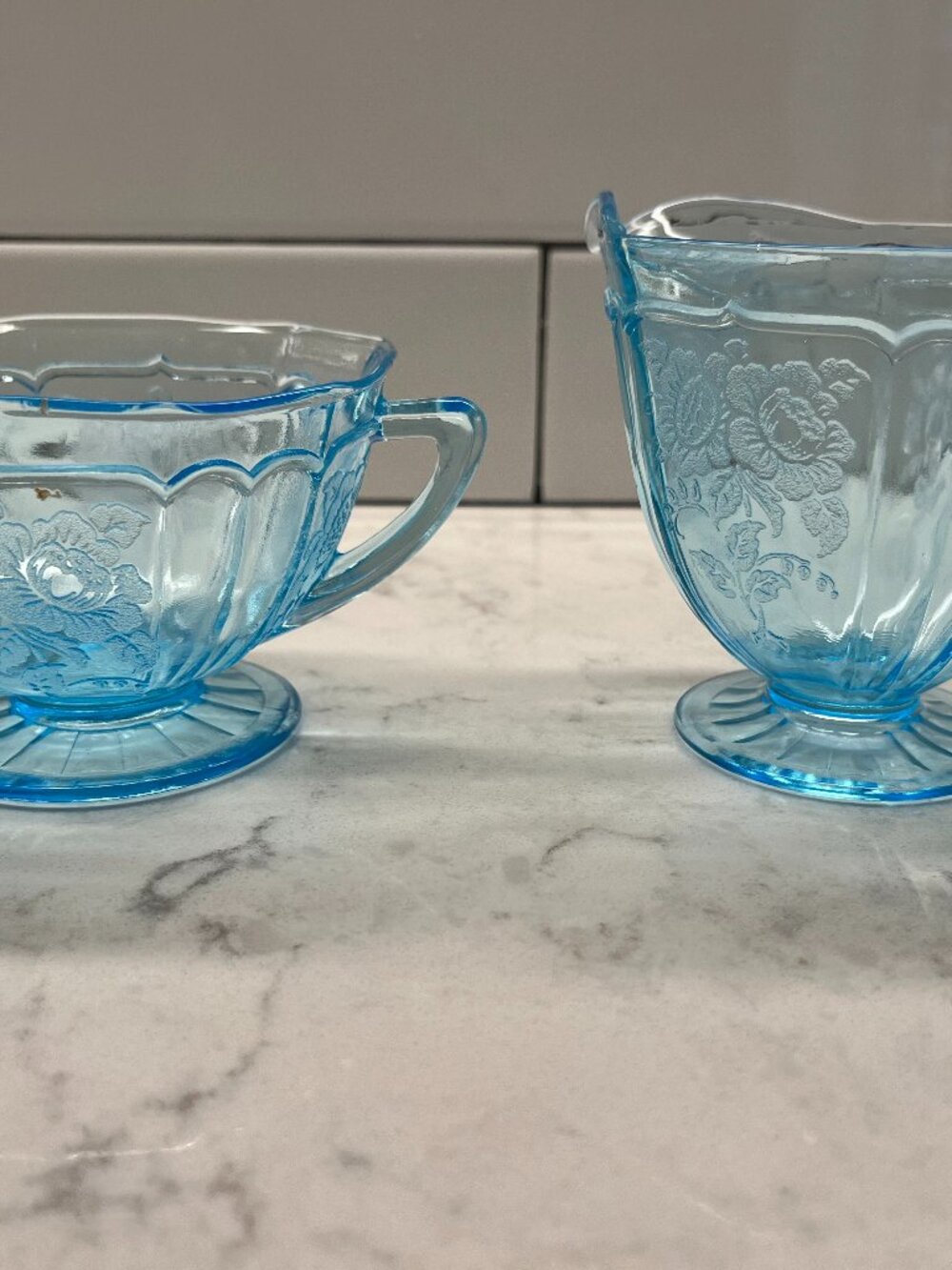 Anchor Hocking 1930’s Mayfair “Open Rose” Ice Blue FOOTED CREAMER AND OPEN SUGAR